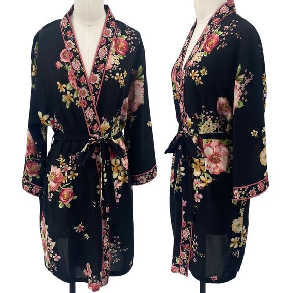 Vintage 90s Oscar de la Renta Floral Print Robe Kimono Black Pink Womens Small - Picture 1 of 11